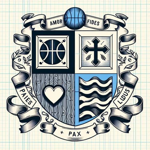 Coat of Arms with Basketball, Heart, Cross, and Wave Symbols