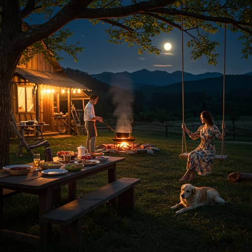 Idyllic Nighttime Outdoor Scene with Couple and Dog