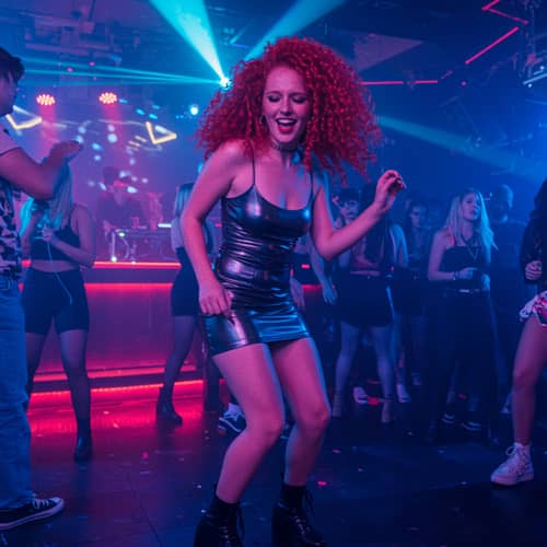 Redhead Dancing in Neon Club