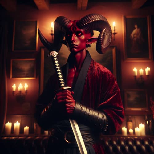 Mysterious Velvet Tiefling Stands Confidently in Dimly Lit Tavern