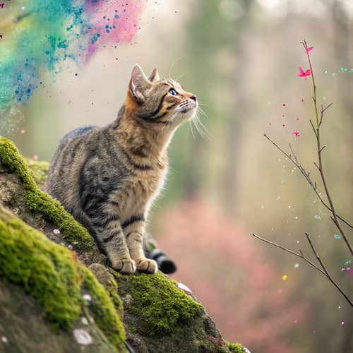 Adventurous Tabby Cat in Dreamy Watercolor Art