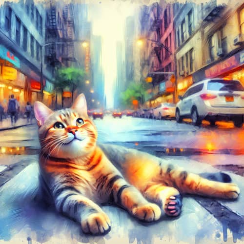 Cheerful Tabby Cat Lounging on City Street | Vibrant Illustration