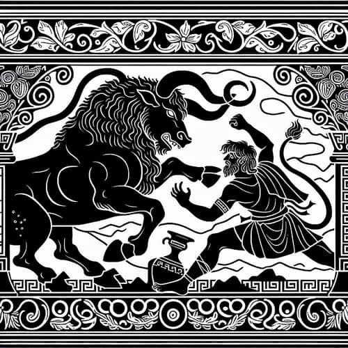 Theseus vs Minotaur: Ancient Greek Mythology Lineart Silhouettes