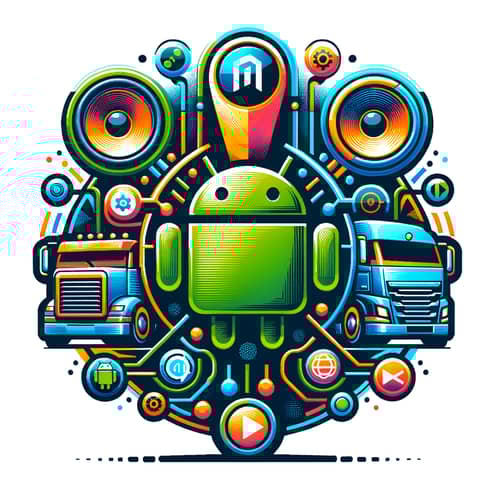 Colorful Infotainment Team Logo with Speakers, Trucks, Android & Navigation