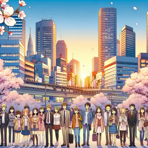 Happy Anime Cityscape with Cherry Blossoms - Joyful Scene