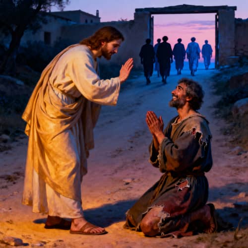 Devotional Samaritan Kneeling Before Jesus Illustration