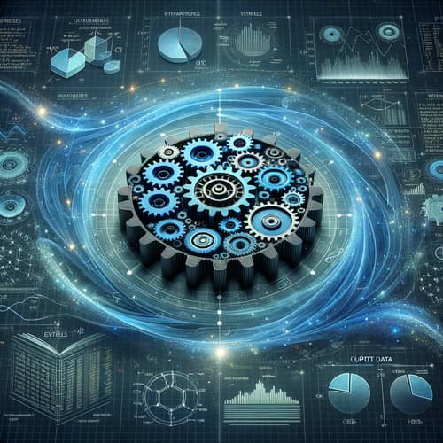 Advanced Analytic System with Blue Gear Wheels and Data Streams