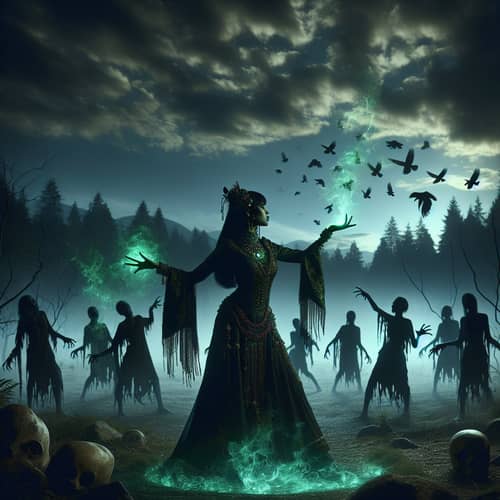 South Asian Female Witch Summoning Undead Creatures in Mystical Forest