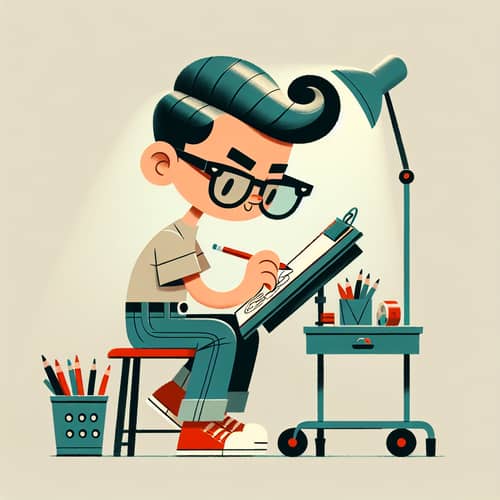 Childlike Style Artist at Drawing Table Sketching in 1950s Look