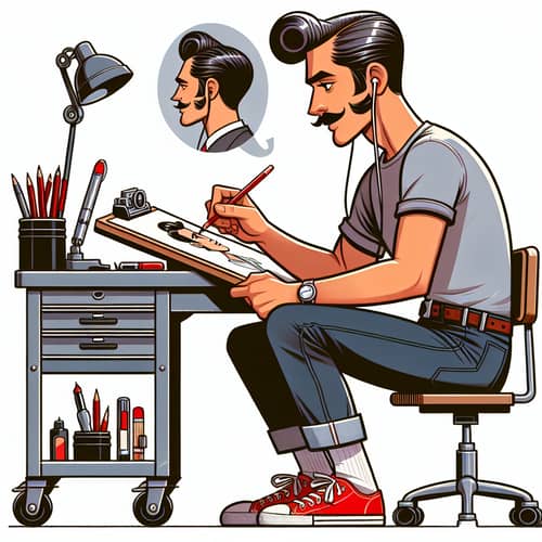 1950s Style Illustrator at Work | Drawing Artist with Music