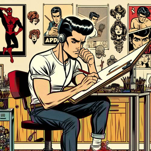 Comic-style Illustrator with Pompadour Hairstyle at Drawing Table