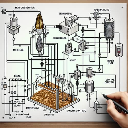 Detailed Diagram of a Corn Dryer System with Moisture and Temperature Sensors
