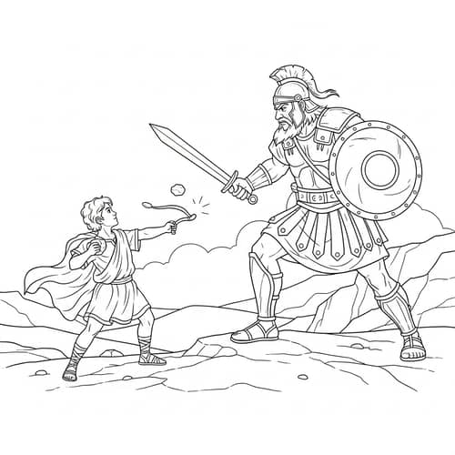 Bible-Themed David and Goliath Coloring Page