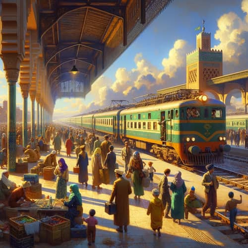 Moroccan Train Station: Bustling Activity Under Sunlit Sky