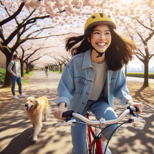 Joyful Asian Woman Riding Red Bicycle in Blossom-filled City Park
