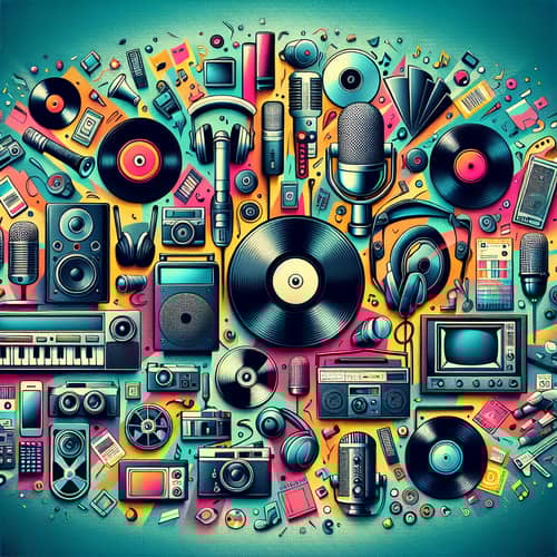 Multimedia Collection: Audio Speakers, Video Reel, Vinyl Records...