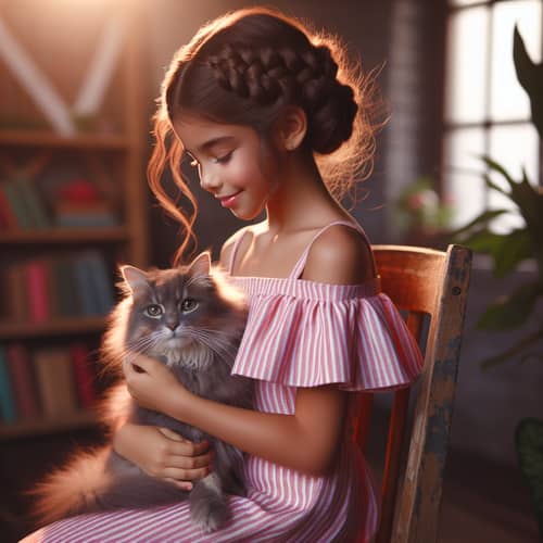 Young Hispanic Girl with Grey Cat | Heartwarming Scene