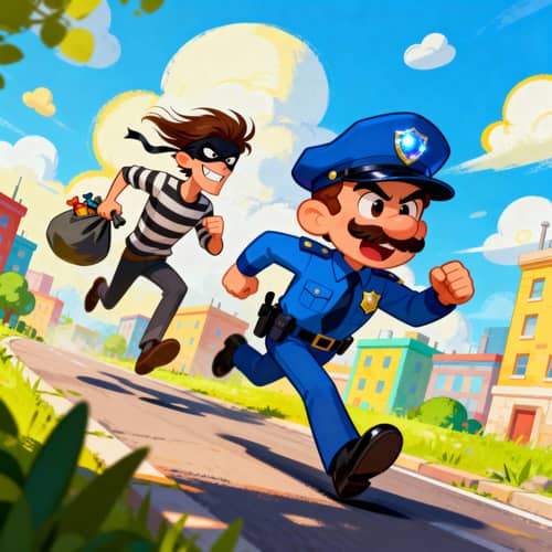 Whimsical Police Chase Illustration in Cartoon Style Whimsical Police Chase Illustration in Cartoon Style