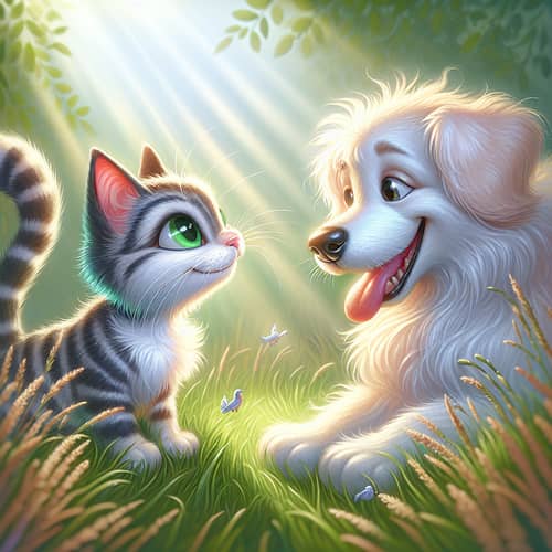 Playful Stare-off Between Striped Cat and White Dog