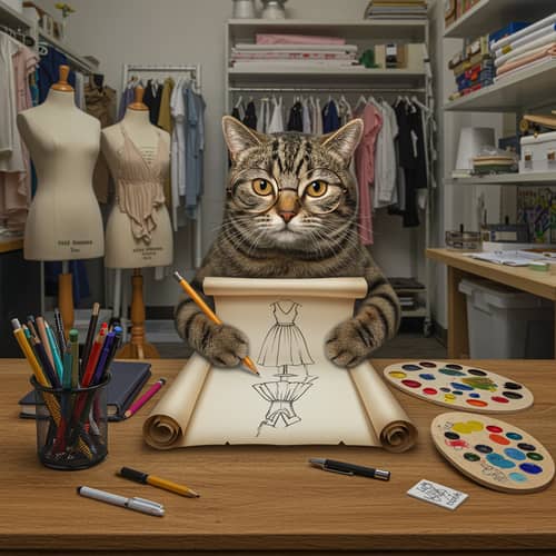 Creative Tabby Cat Artist in a Fashion Studio