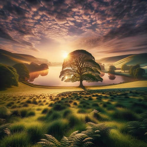 Tranquil Morning Landscape: Lush Green Field, Calm Lake, and Rolling Hills