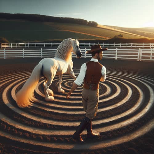 Round Riding Arena with Caucasian Horse Tamer and Graceful White Horse