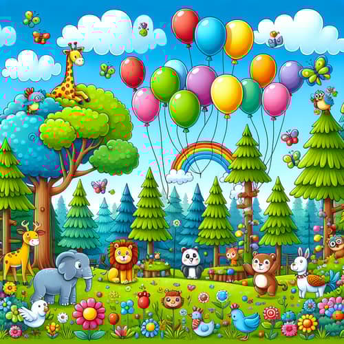 Colorful Children's Forest with Animals and Balloons