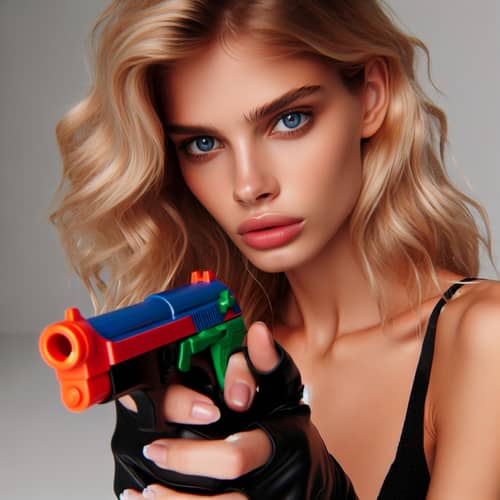 Margot Robbie in Leather Gloves with Toy Pistol