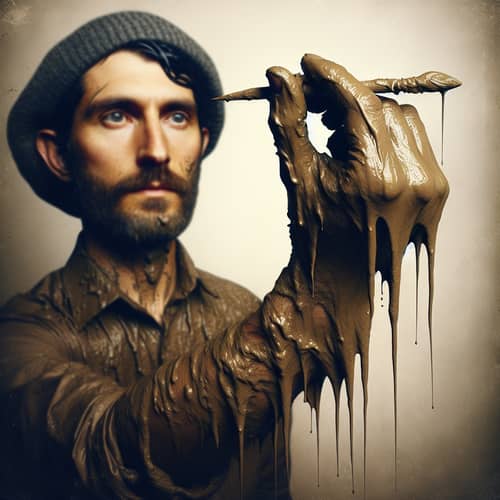 Man Holding Dripping Wet Piece of Mud