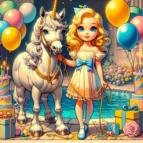 Blonde Girl on Unicorn by Pool with Birthday Decorations