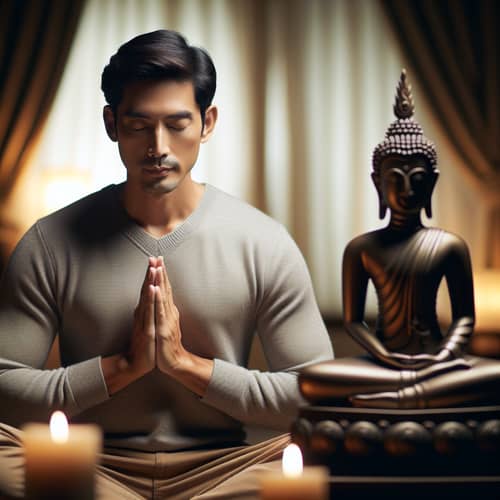 Peaceful South Asian Man in Buddhist Prayer Posture