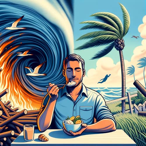 Caucasian Man Enjoying Food in Chaos and Serenity Scene