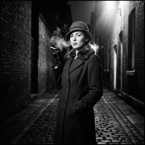 Elegant 1920s Fashion in a Shadowy Alley