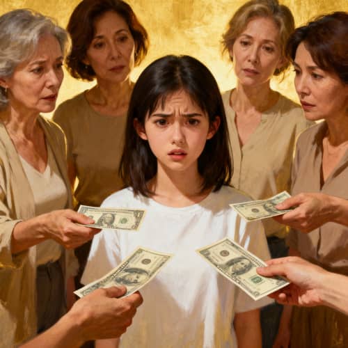 Confused Young Woman Surrounded by Older Women