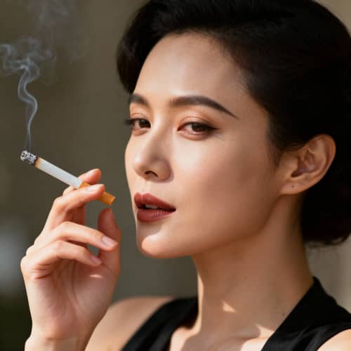 Realistic Woman Holding Cigarette in Stylish Pose Realistic Woman Holding Cigarette in Stylish Pose