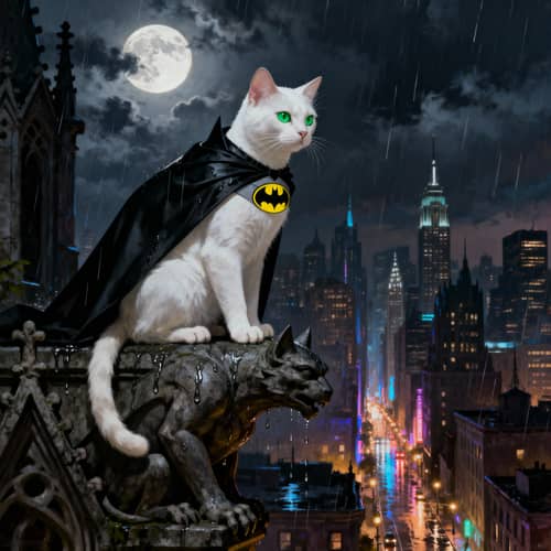 Batman Cat on Gargoyle Overlooking Gotham City
