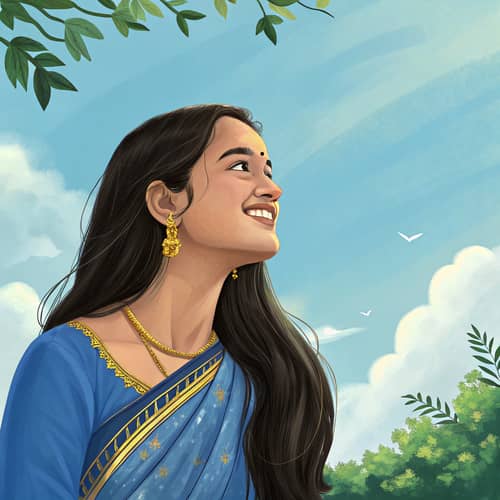 Vibrant Indian Art: Young Woman in Blue Saree