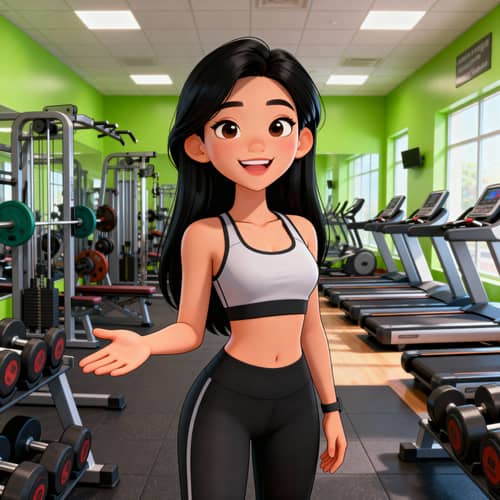 Cheerful Fitness Trainer Illustration in Gym Setting Cheerful Fitness Trainer Illustration in Gym Setting