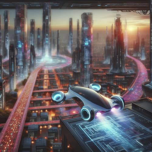 Futuristic Flying Car in Vibrant Cityscape | Advanced Technology