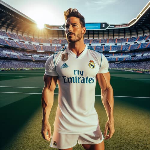 Passionate Hispanic Male Musician in Real Madrid Jersey at Santiago Bernabeu
