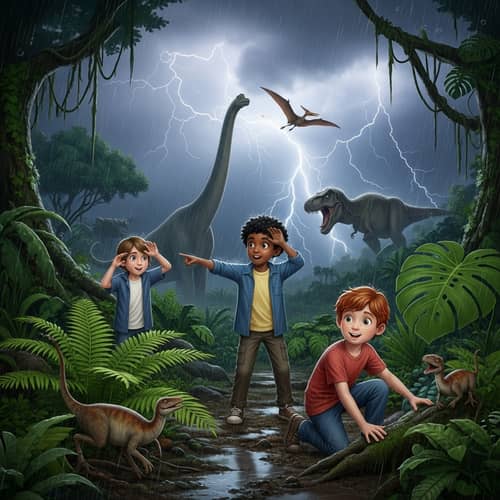 Three Boys in a Jungle with Dinosaurs