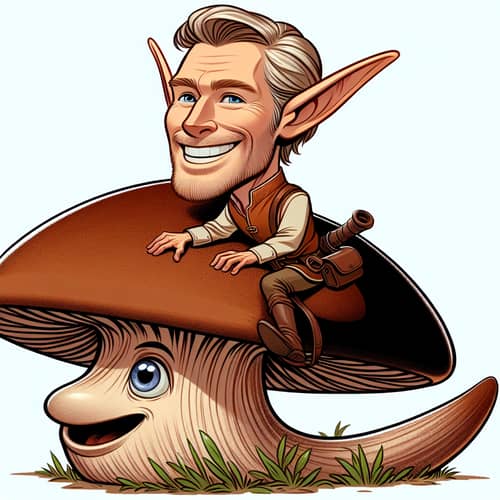 Middle-Aged Elf Riding Brown Mushroom in Woodland Journey