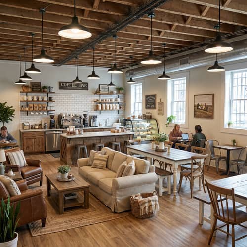 Farmhouse Coffeehouse with Cozy Social Areas