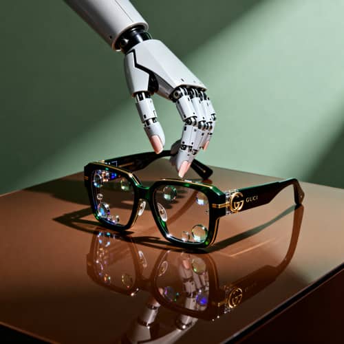 Futuristic Smart Glasses Held by Robot Hand