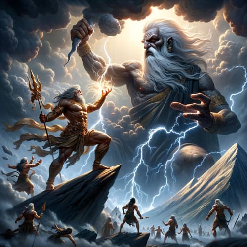 Epic Mythological Battle on Mountain Peak