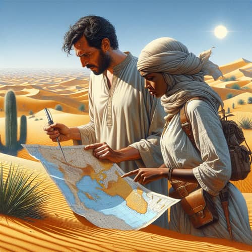 Lost Souls in Desert: Stirring Image of a Middle-Eastern Man and Black Woman