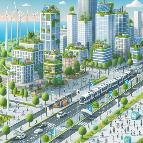 Eco-Friendly Cityscape with Green Roofs & Renewable Energy