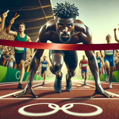 Diverse Male Athlete Breaks Red Ribbon at Olympic Finish Line