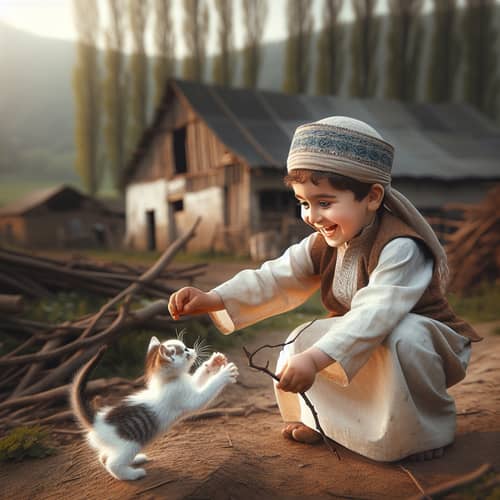 Joyful Middle-Eastern Boy Playing with Kitten in Farmyard