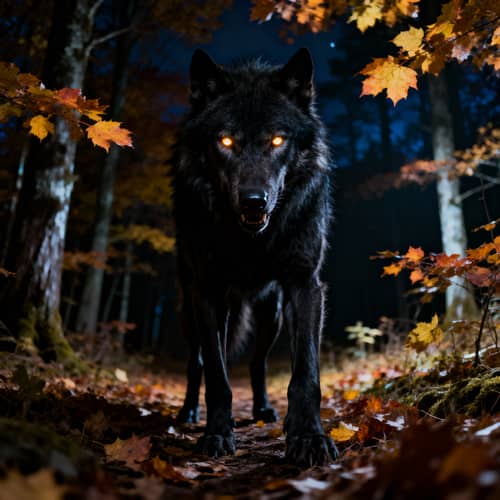 Terrifying Wolfdog in a Nighttime Autumn Forest